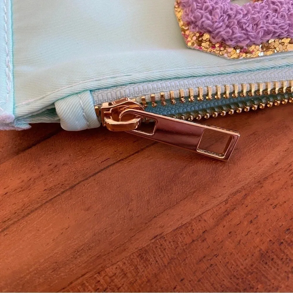 Clear Travel Pouch with Fuzzy Patch Letters Teal Green - Bag Only